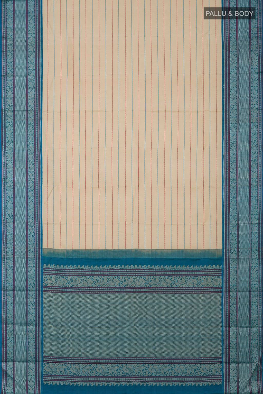 Flat view of Off White Kanjivaram Silk Saree with Veldhari on the body and Thread Border. 