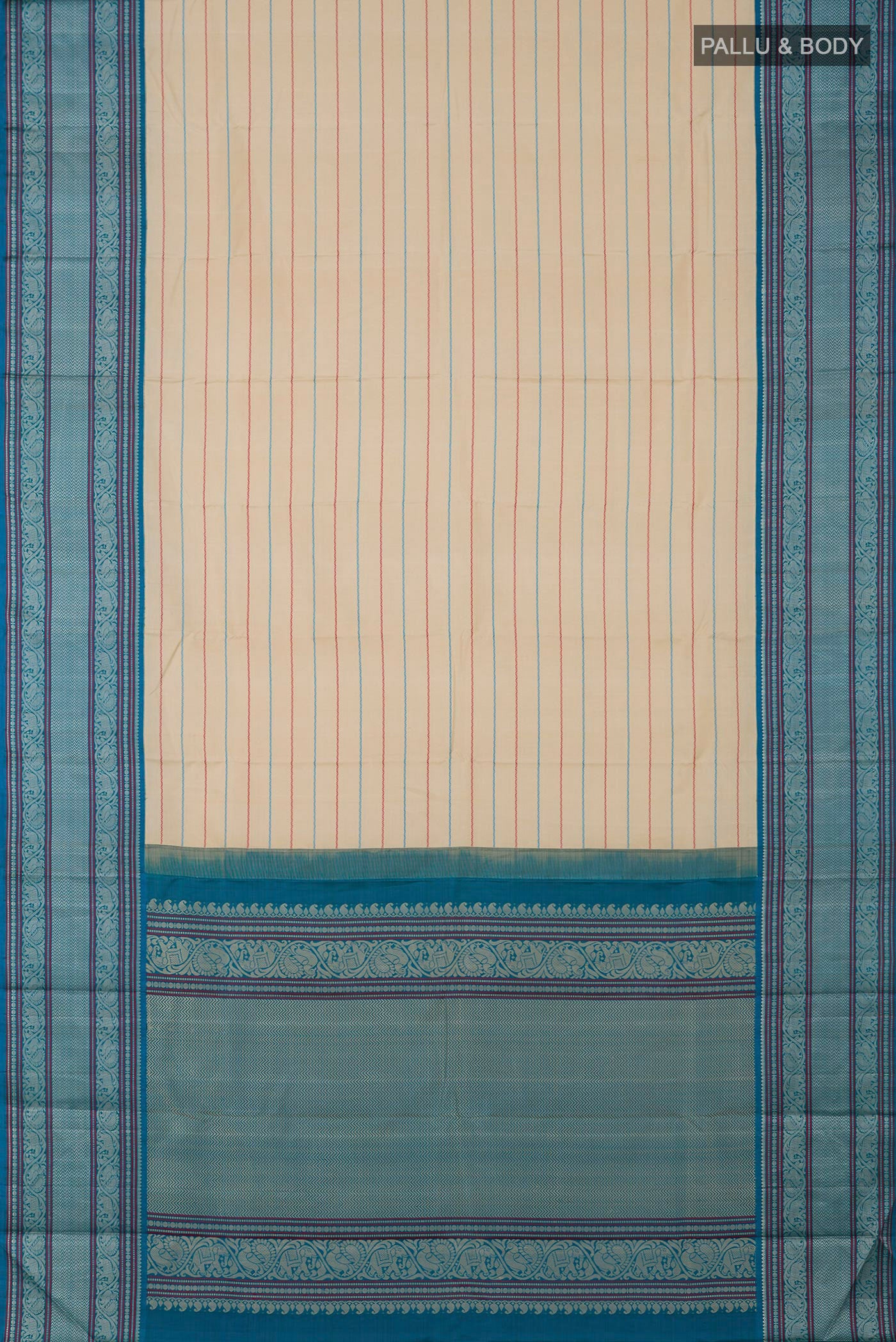 Flat view of Off White Kanjivaram Silk Saree with Veldhari on the body and Thread Border. 