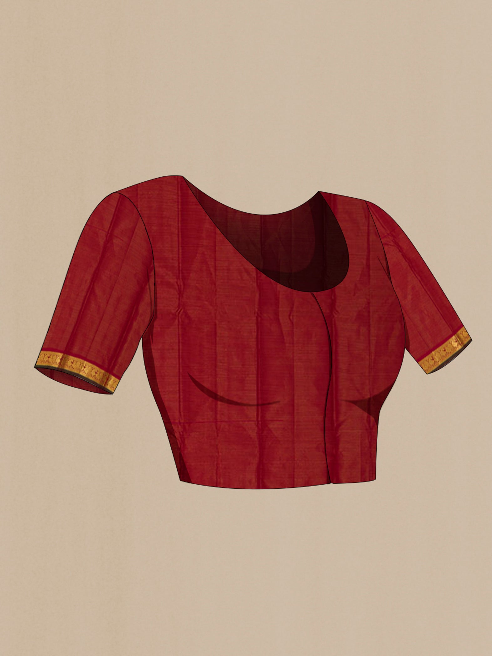 Close up image of the blouse of Maroon Kanchipuram Silk Saree with Stripes on the body and Zari Border. 
