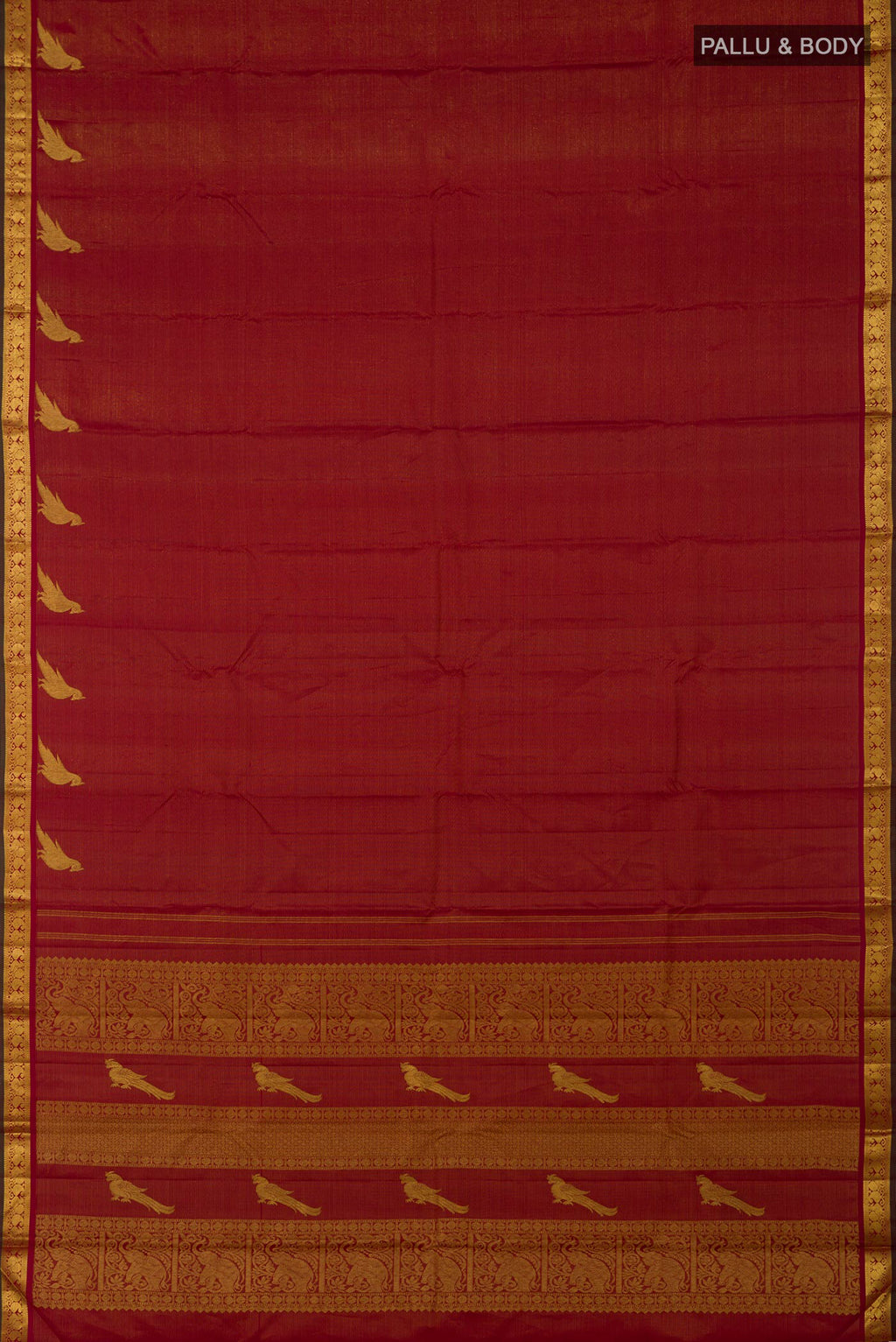 Flat view of Maroon Kanchipuram Silk Saree with Stripes on the body and Zari Border. 