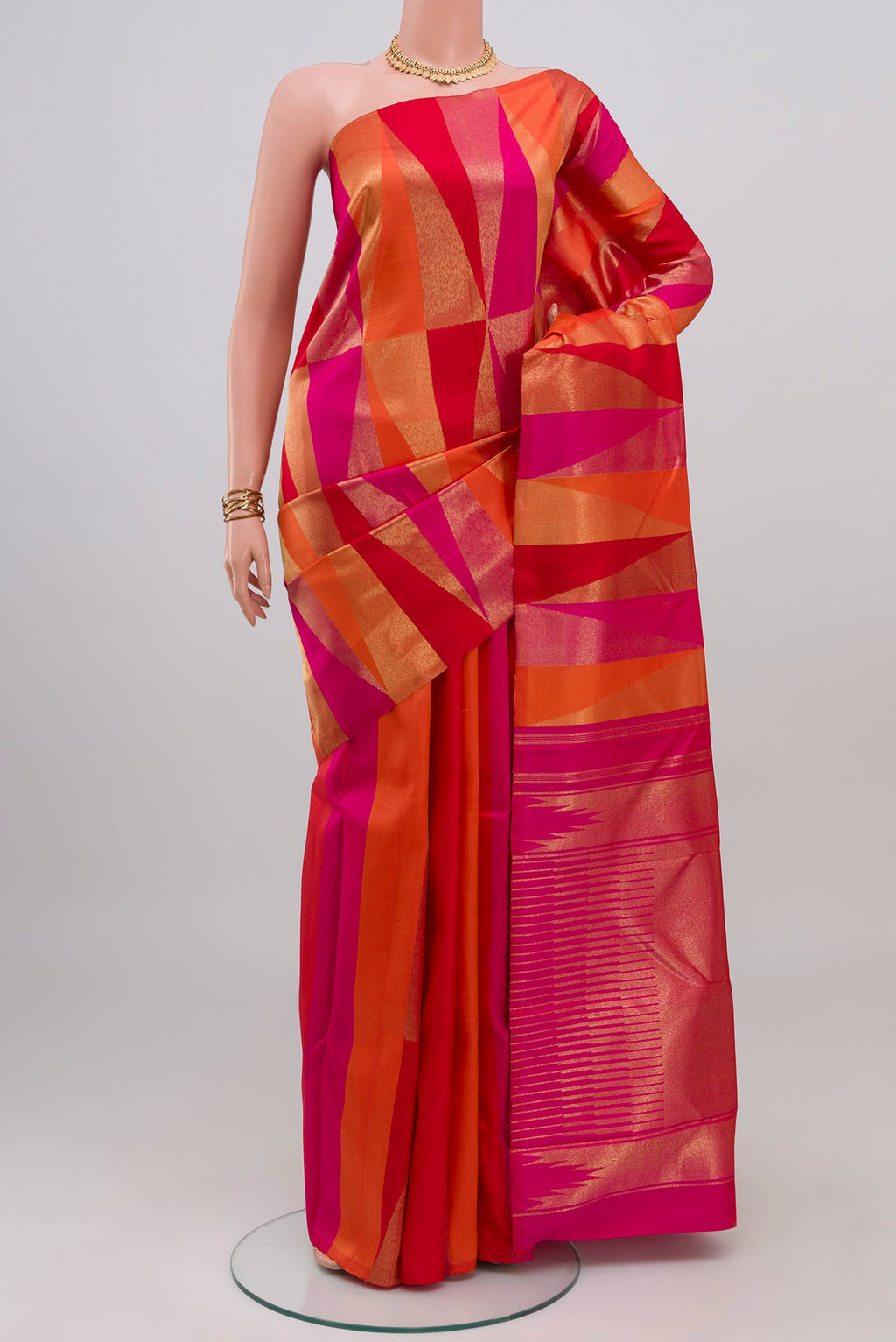 Multi Color Kanjivaram Silk Saree with Fancy on the body and Without Border.  displayed on a mannequin