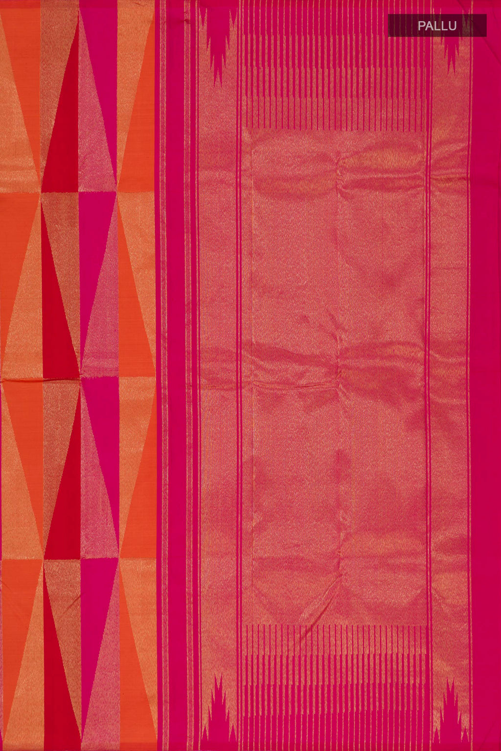 Close up image of the pallu of Multi Color Kanjivaram Silk Saree with Fancy on the body and Without Border. 