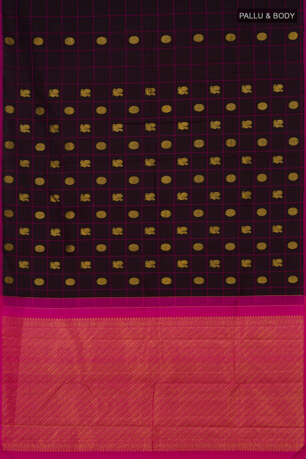 Flat view of Black Kanchipuram Silk Saree with Checked design on the body and Without Border. 