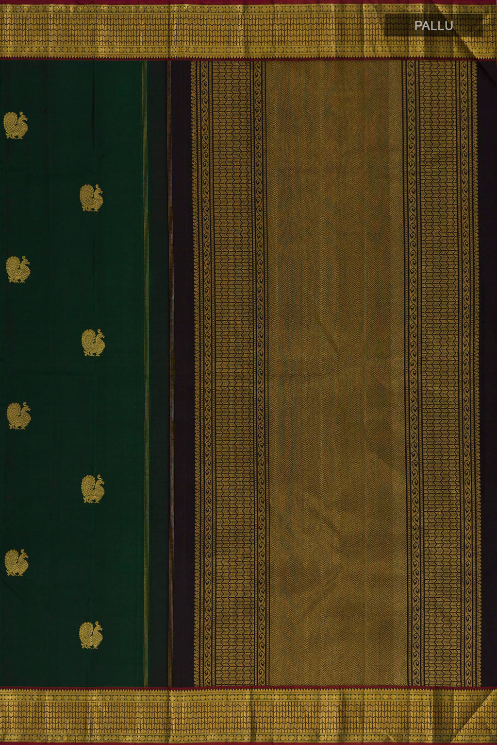 Close up image of the pallu of Bottle Green Kanjivaram Silk Saree with Zari Butta on the body and Zari Border. 