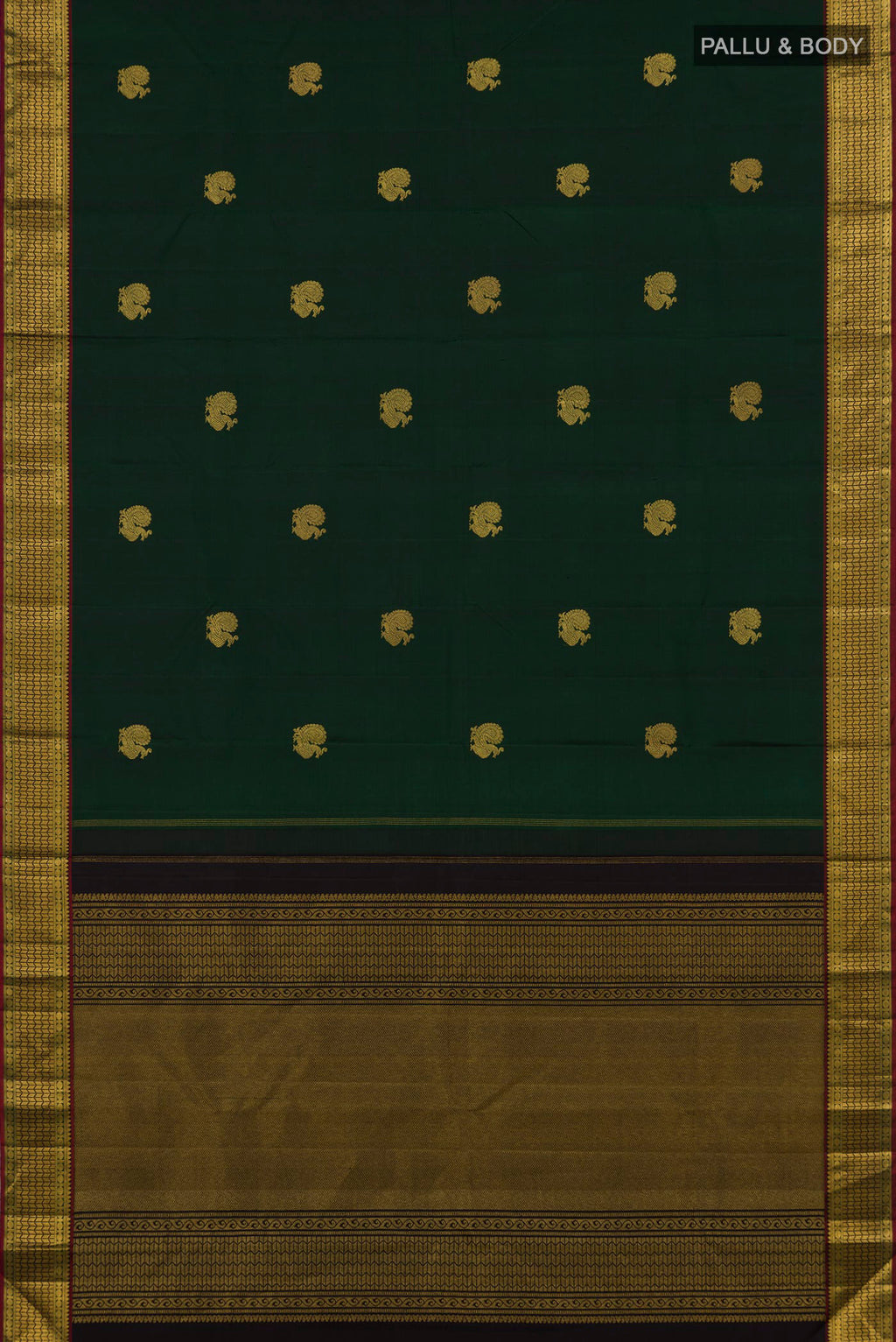 Flat view of Bottle Green Kanjivaram Silk Saree with Zari Butta on the body and Zari Border. 