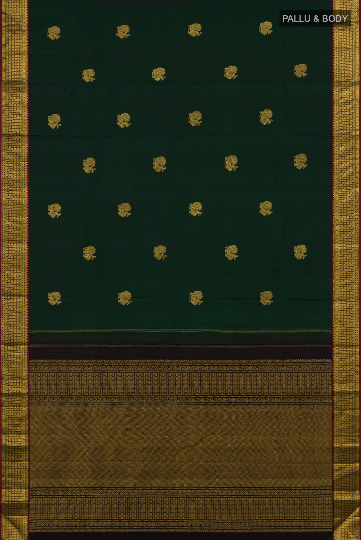 Flat view of Bottle Green Kanjivaram Silk Saree with Zari Butta on the body and Zari Border. 
