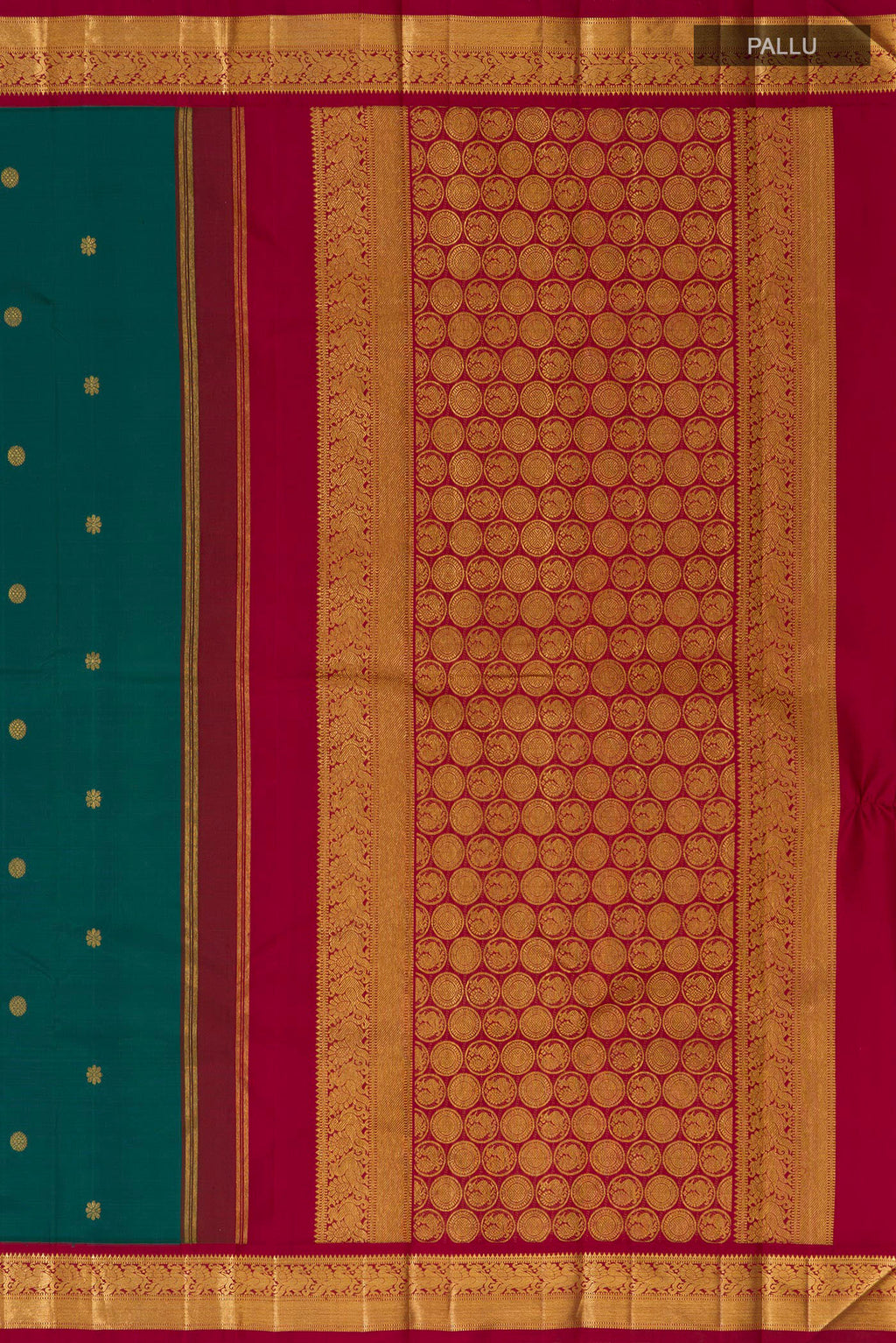 Close up image of the pallu of Pure Silk Green Kanchipuram Saree with Zari Butta on the body and Zari Border. 