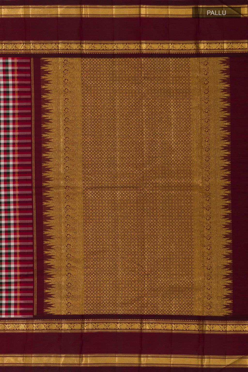 Close up image of the pallu of Pure Silk Pure Zari Multi Color Kanchipuram Saree with Checked design on the body and Zari Border. 