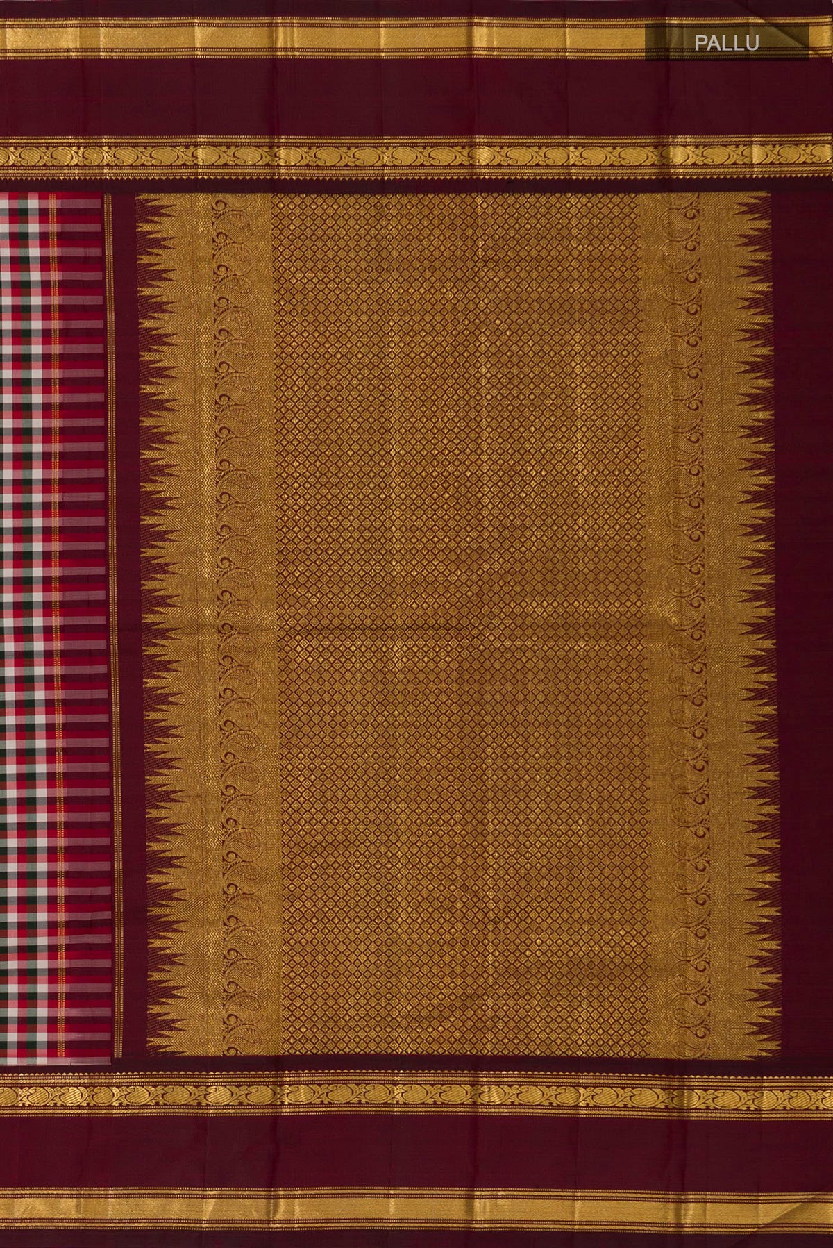 Close up image of the pallu of Pure Silk Pure Zari Multi Color Kanchipuram Saree with Checked design on the body and Zari Border. 
