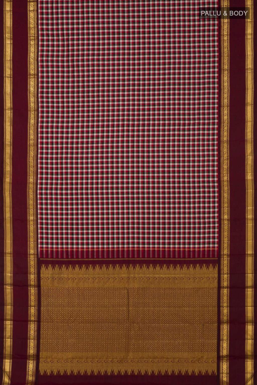 Flat view of Pure Silk Pure Zari Multi Color Kanchipuram Saree with Checked design on the body and Zari Border. 