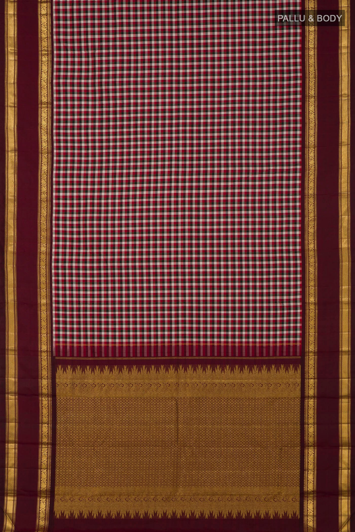 Flat view of Pure Silk Pure Zari Multi Color Kanchipuram Saree with Checked design on the body and Zari Border. 