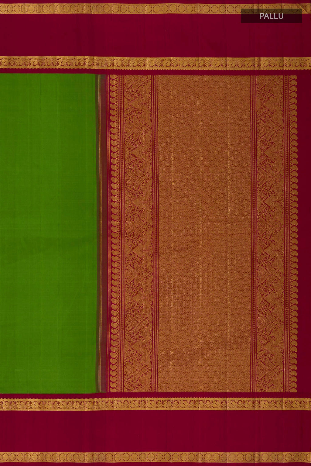 Close up image of the pallu of Pure Silk Pure Zari Green Kanchipuram Saree with Plain Body and Zari Border. 