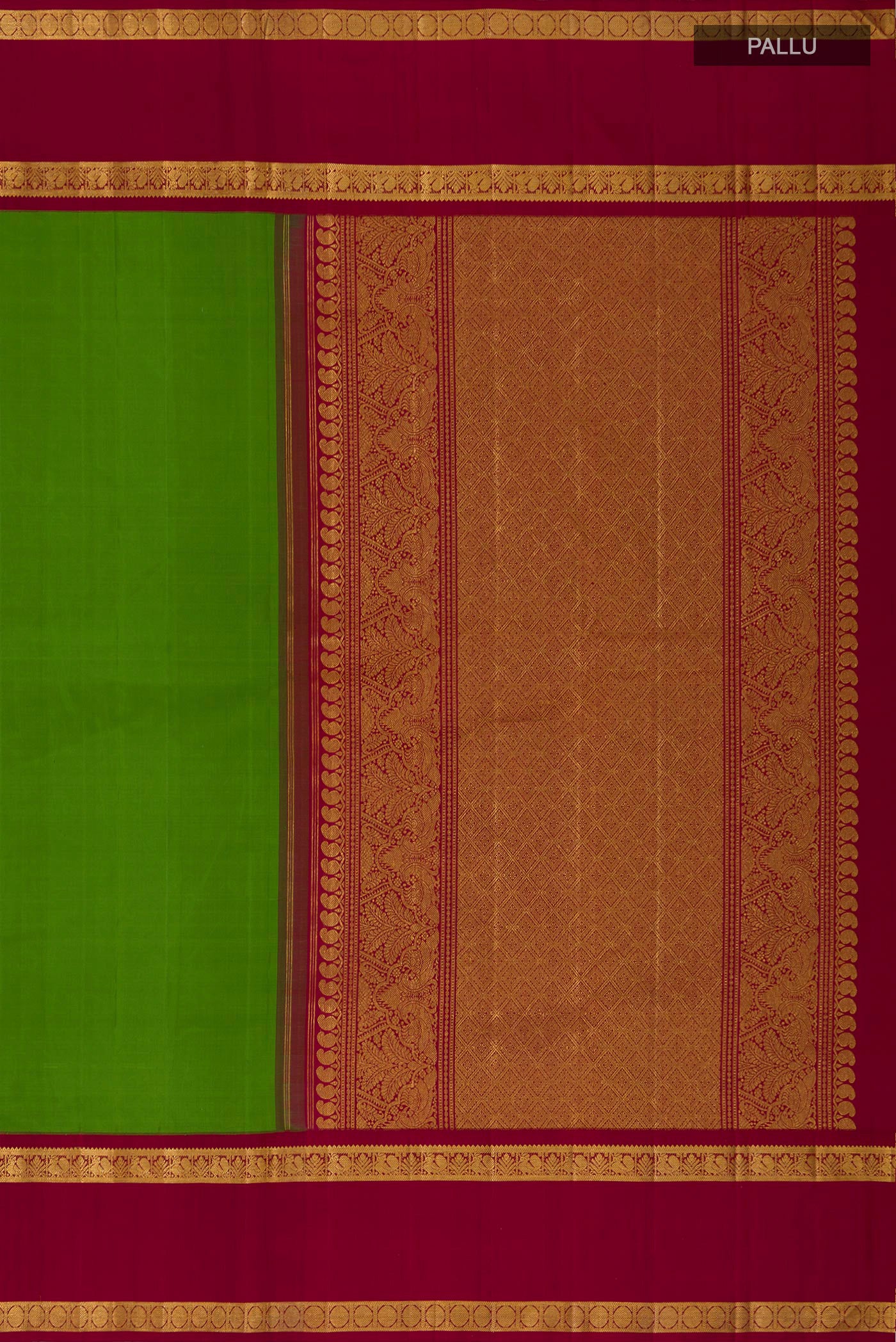 Close up image of the pallu of Pure Silk Pure Zari Green Kanchipuram Saree with Plain Body and Zari Border. 
