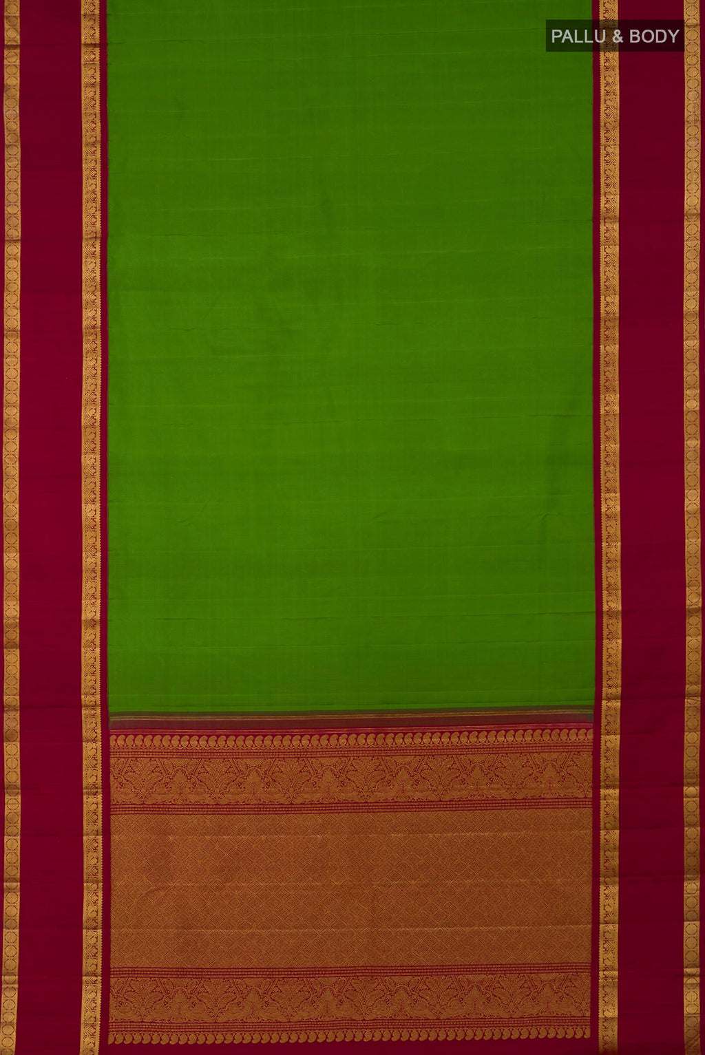 Flat view of Pure Silk Pure Zari Green Kanchipuram Saree with Plain Body and Zari Border. 