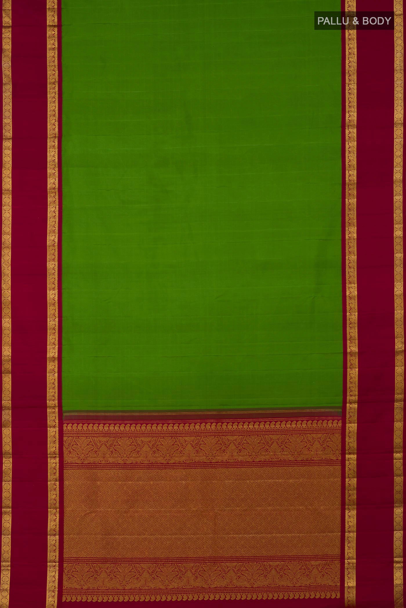 Flat view of Pure Silk Pure Zari Green Kanchipuram Saree with Plain Body and Zari Border. 