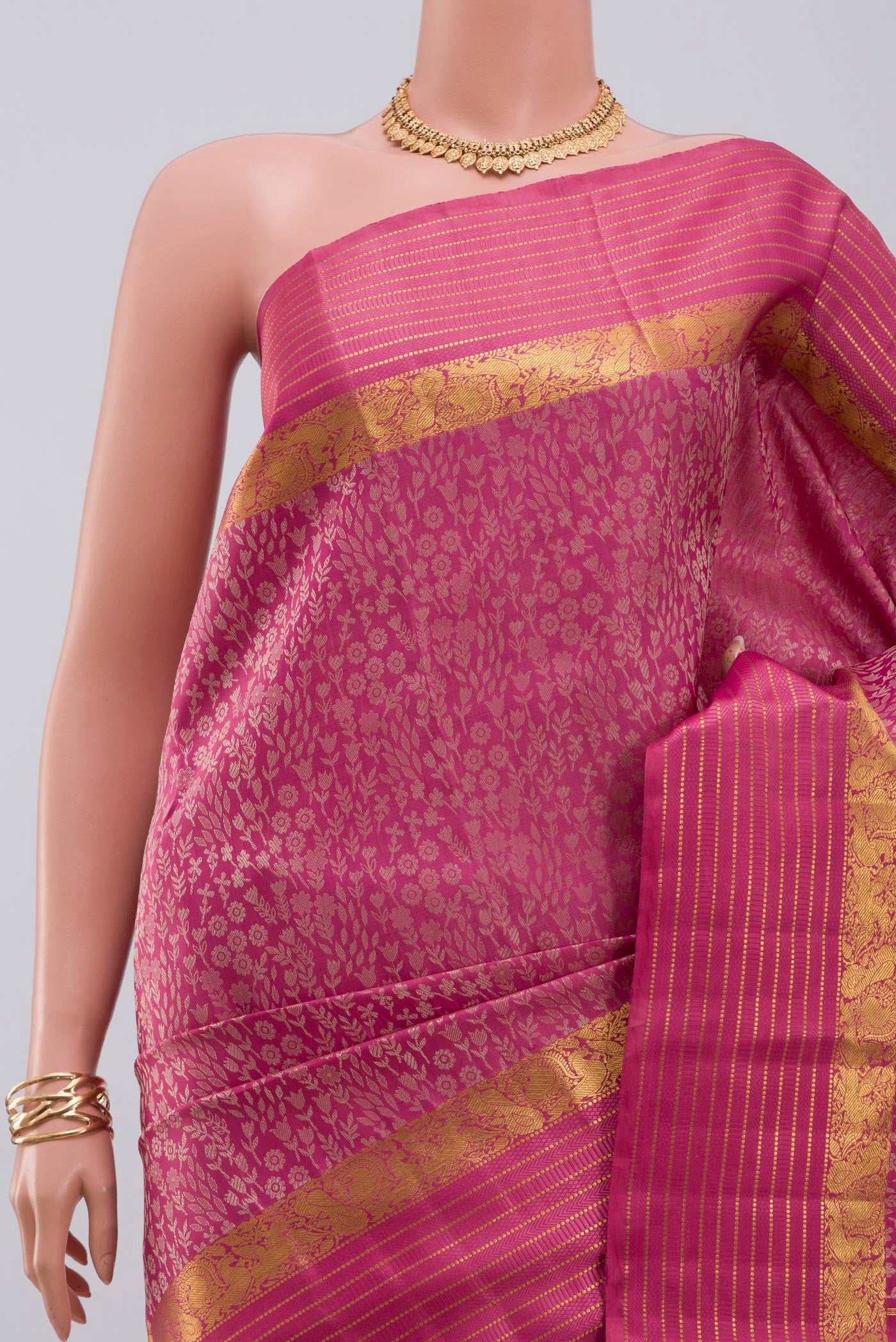 Border image of Pure Silk Pure Zari Pink Kanjivaram Saree with Jacquard design on the body and Zari Border. 