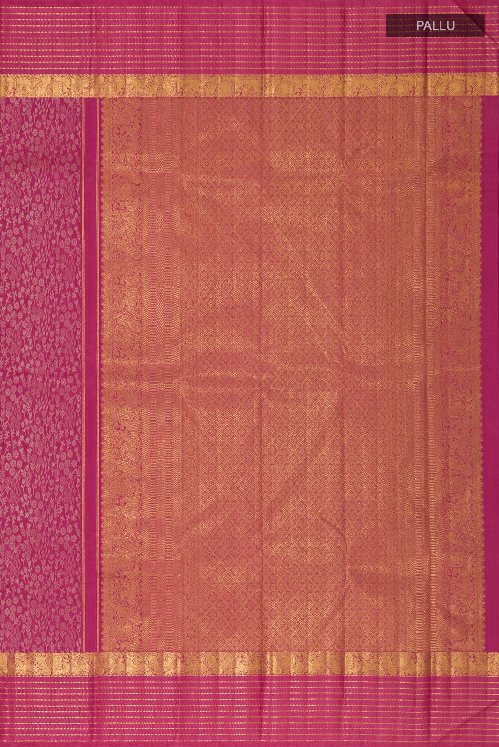 Close up image of the pallu of Pure Silk Pure Zari Pink Kanjivaram Saree with Jacquard design on the body and Zari Border. 