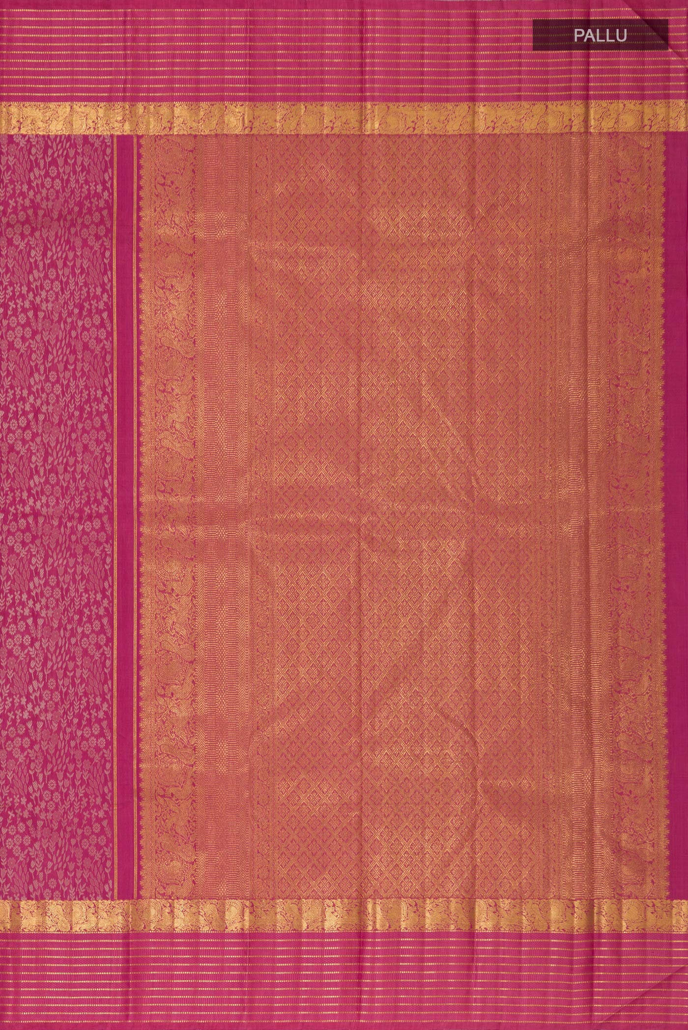 Close up image of the pallu of Pure Silk Pure Zari Pink Kanjivaram Saree with Jacquard design on the body and Zari Border. 