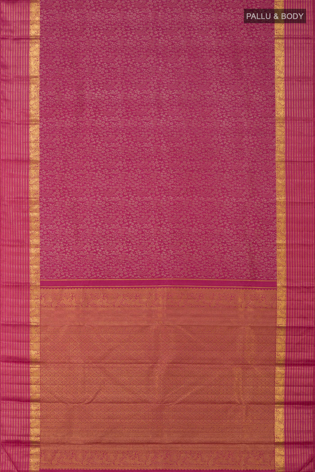 Flat view of Pure Silk Pure Zari Pink Kanjivaram Saree with Jacquard design on the body and Zari Border. 