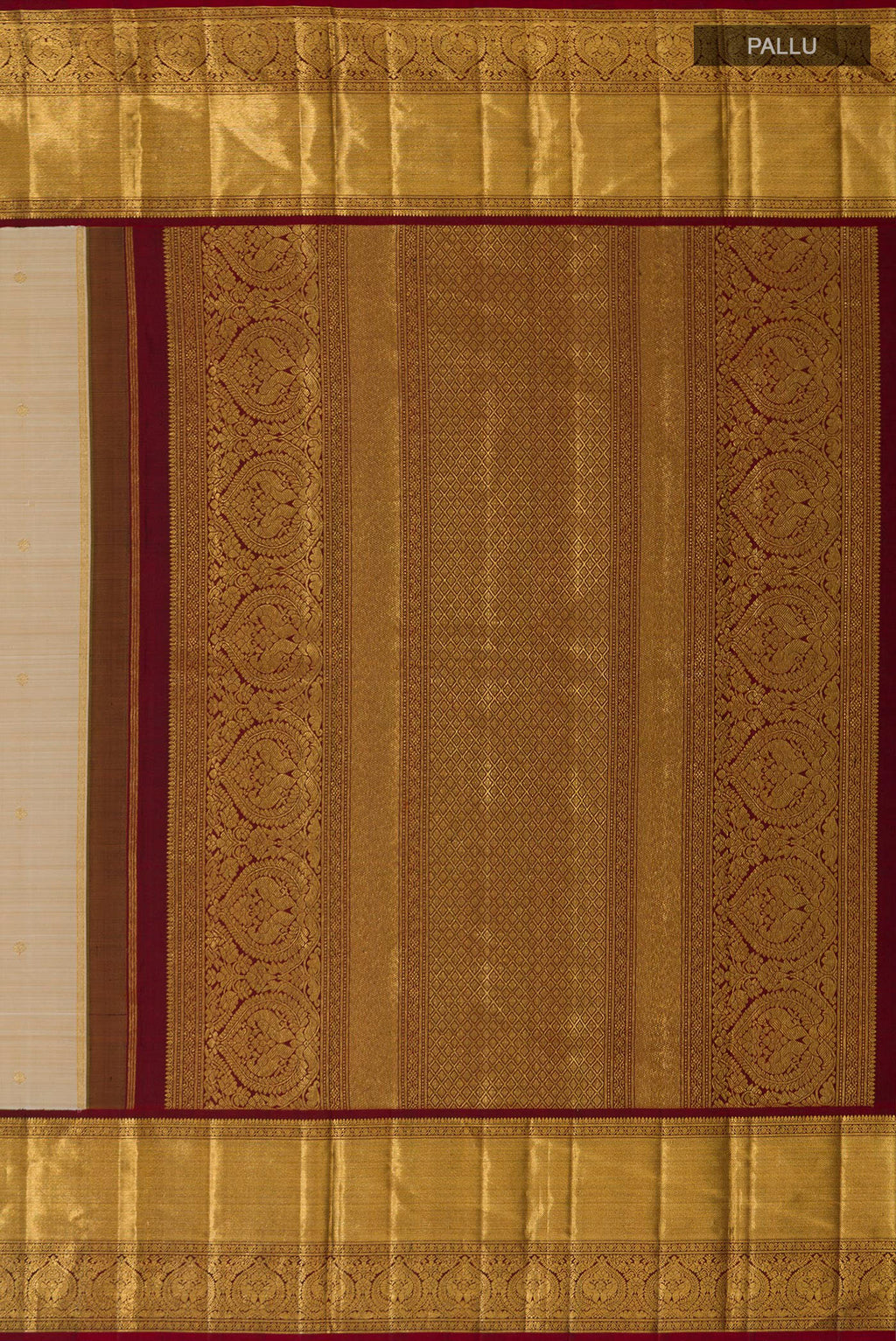Close up image of the pallu of Pure Silk Pure Zari Off White Kanchipuram Saree with Zari Butta on the body and Zari Border. 