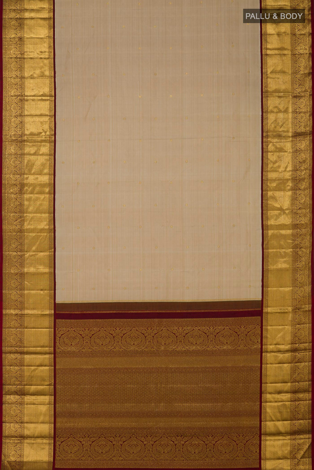 Flat view of Pure Silk Pure Zari Off White Kanchipuram Saree with Zari Butta on the body and Zari Border. 