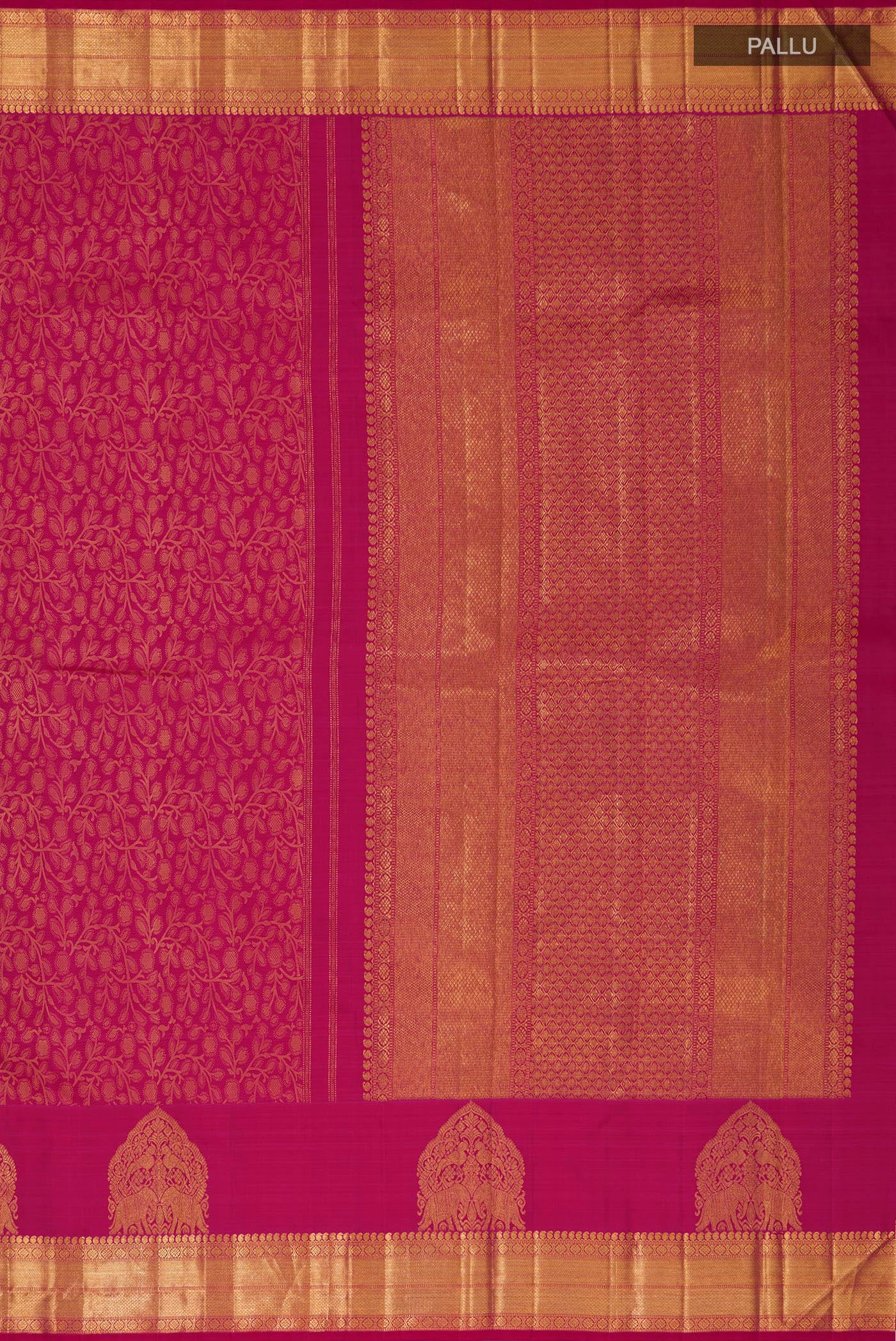 Close up image of the pallu of Pink Kanchipuram Silk Saree with Jacquard design on the body and Zari Border. 