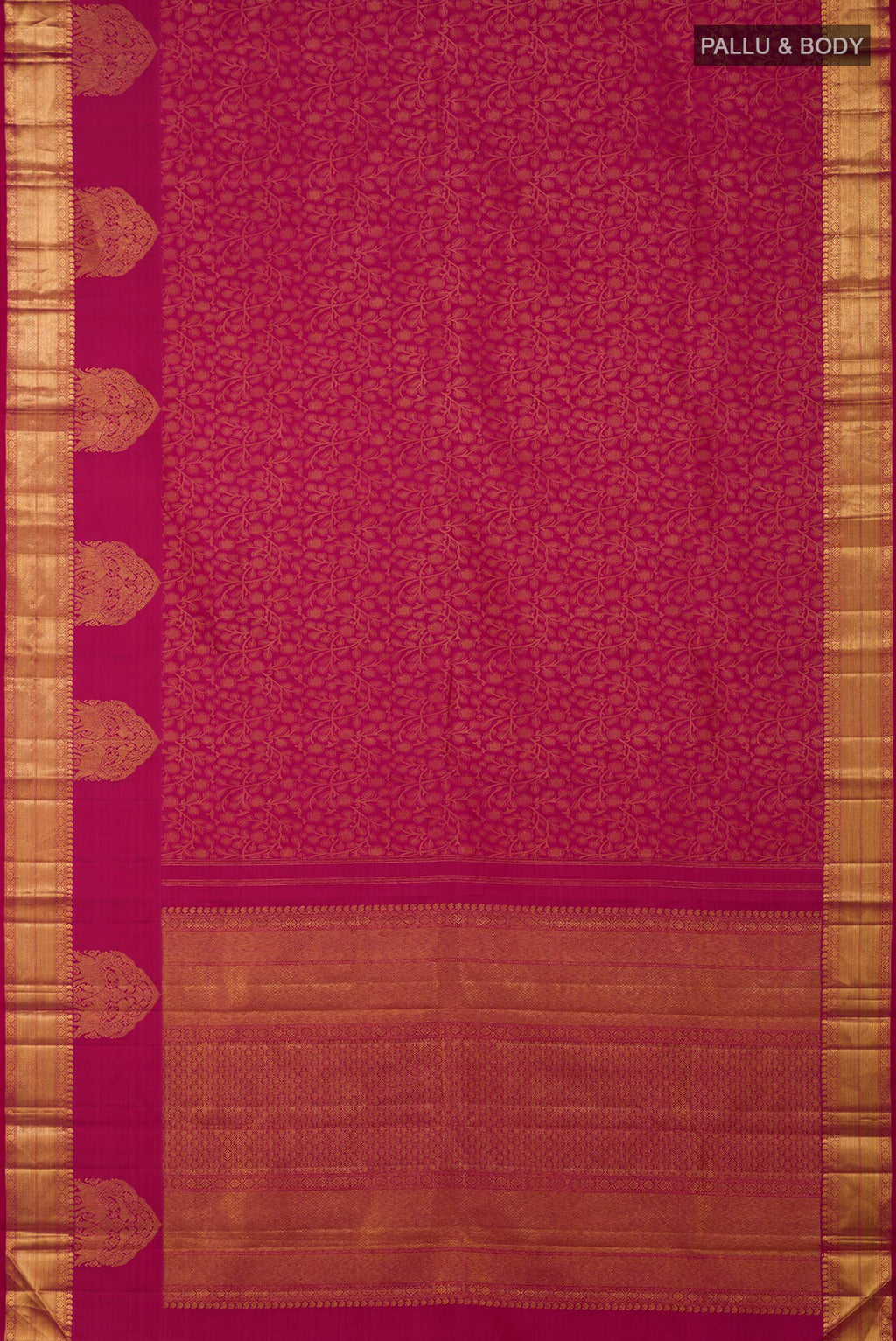 Flat view of Pink Kanchipuram Silk Saree with Jacquard design on the body and Zari Border. 