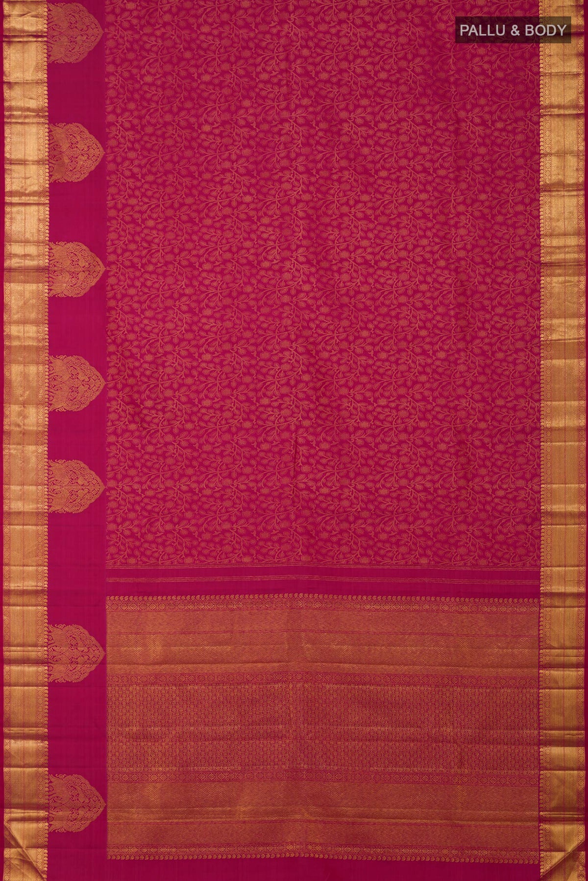 Flat view of Pink Kanchipuram Silk Saree with Jacquard design on the body and Zari Border. 