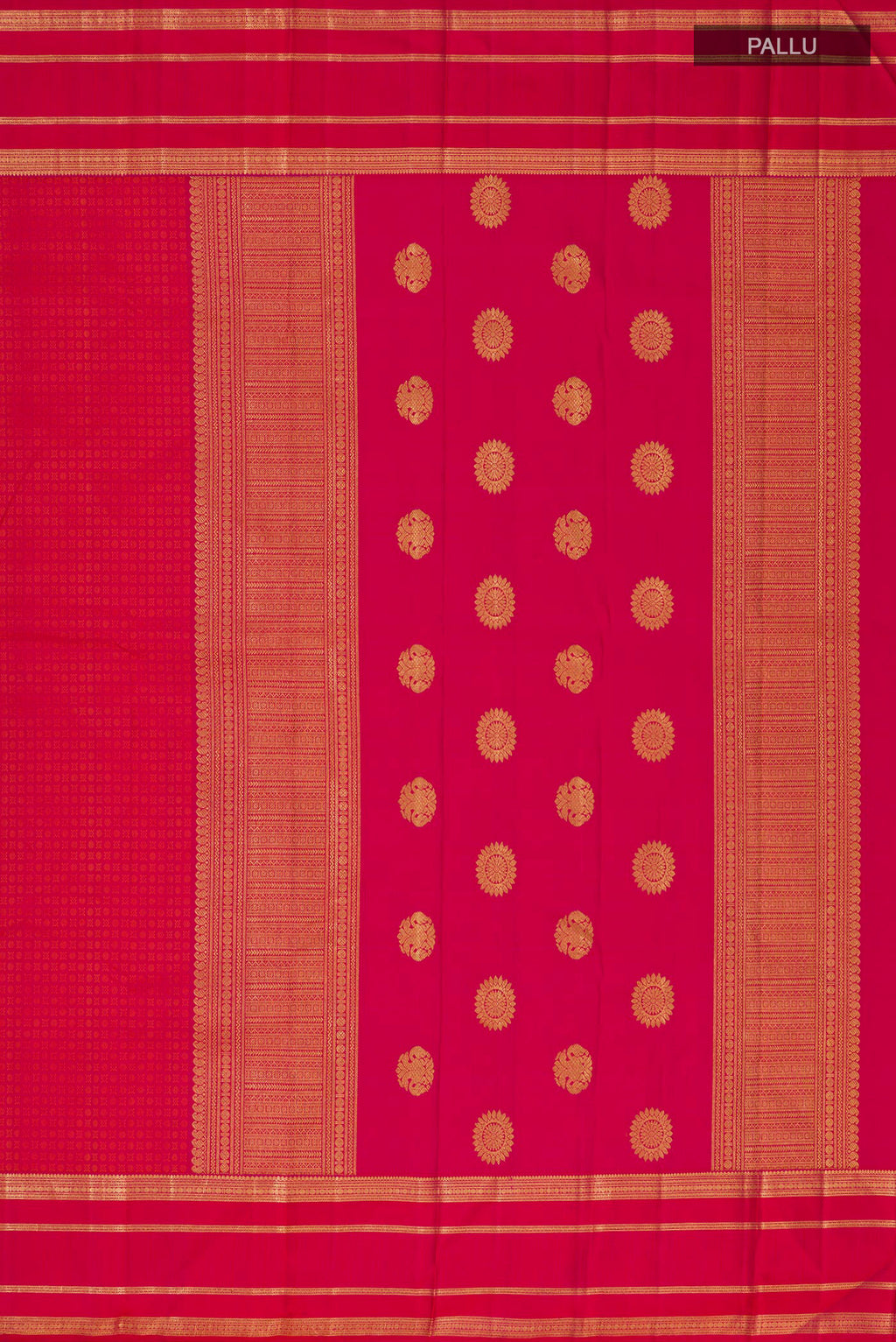 Close up image of the pallu of Pink Kanjivaram Silk Saree with Jacquard design on the body and Zari Border. 