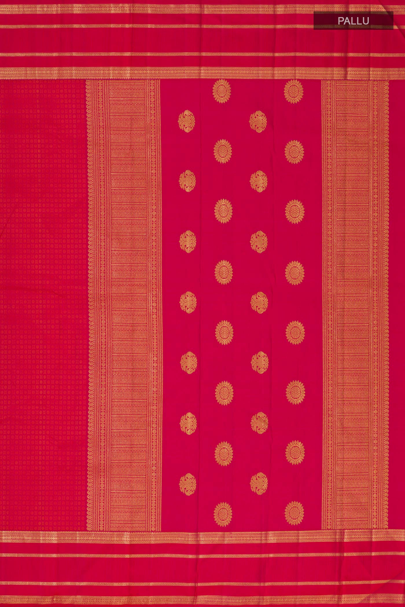 Close up image of the pallu of Pink Kanjivaram Silk Saree with Jacquard design on the body and Zari Border. 