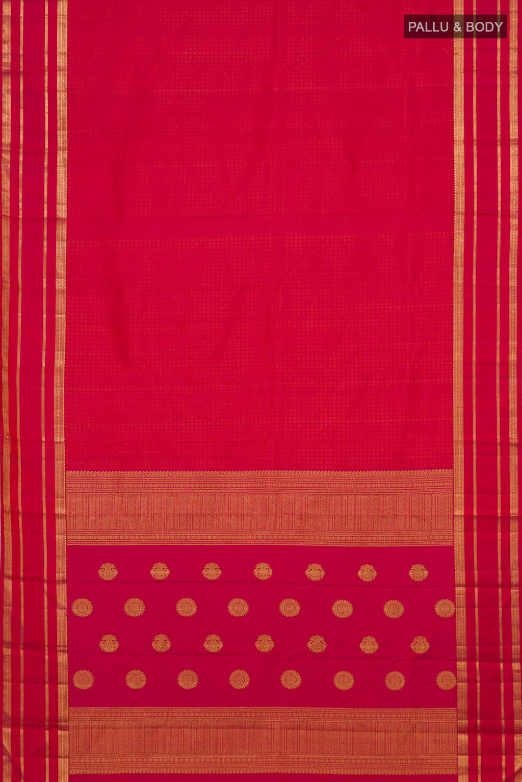 Flat view of Pink Kanjivaram Silk Saree with Jacquard design on the body and Zari Border. 