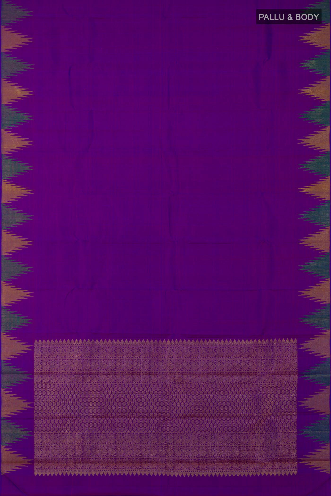 Flat view of Purple Kanjivaram Saree with Plain Body and Temple Border. 
