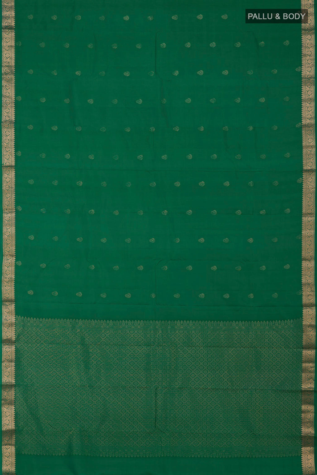 Flat view of Green Kanjivaram Silk Saree with Zari Butta on the body and Zari Border. 