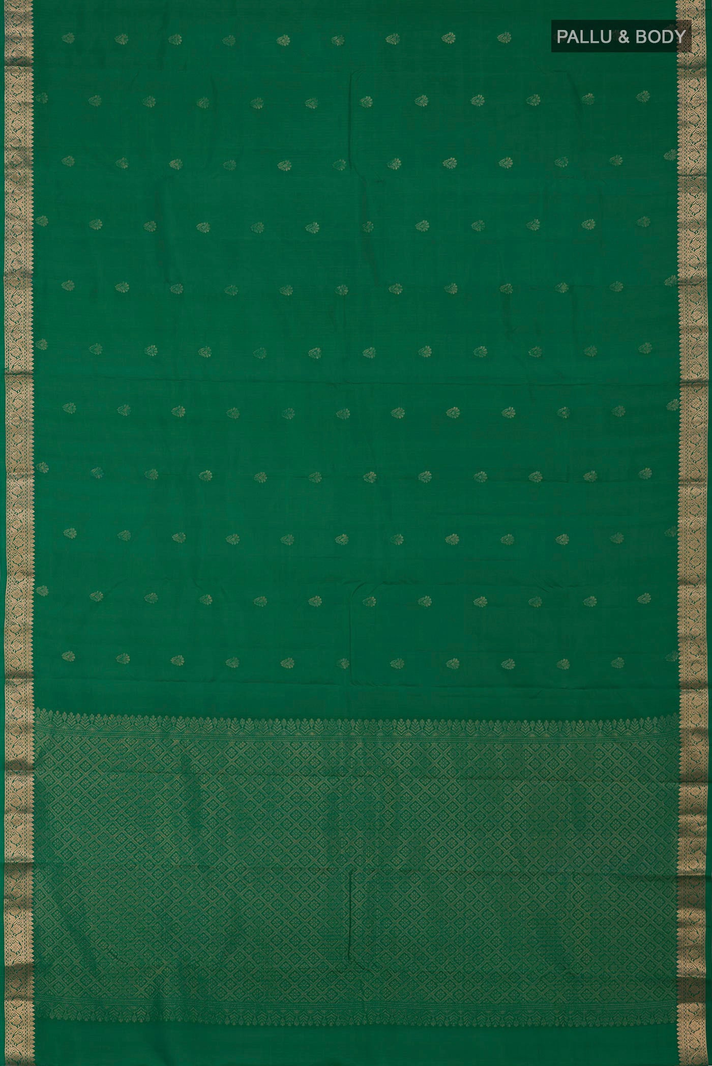Flat view of Green Kanjivaram Silk Saree with Zari Butta on the body and Zari Border. 
