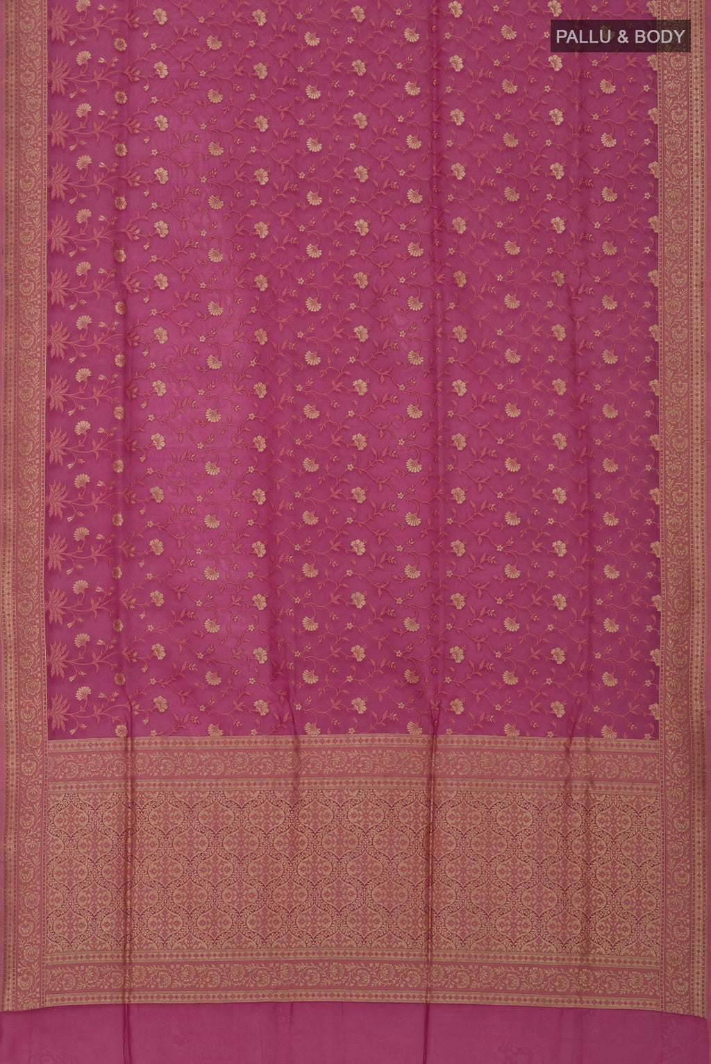 Flat view of Pink Banarasi Saree with Fancy on the body and Fancy Border. 
