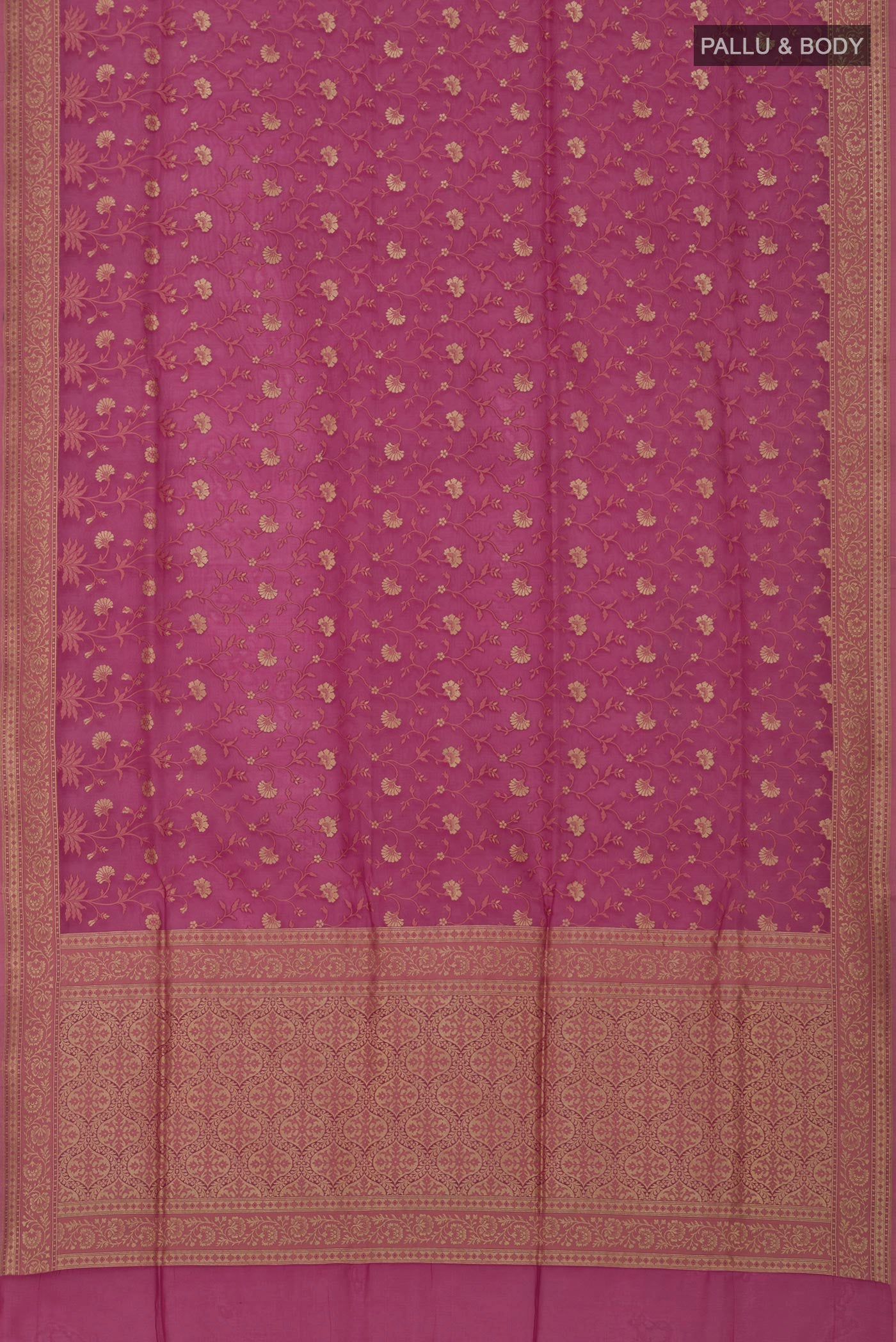 Flat view of Pink Banarasi Saree with Fancy on the body and Fancy Border. 