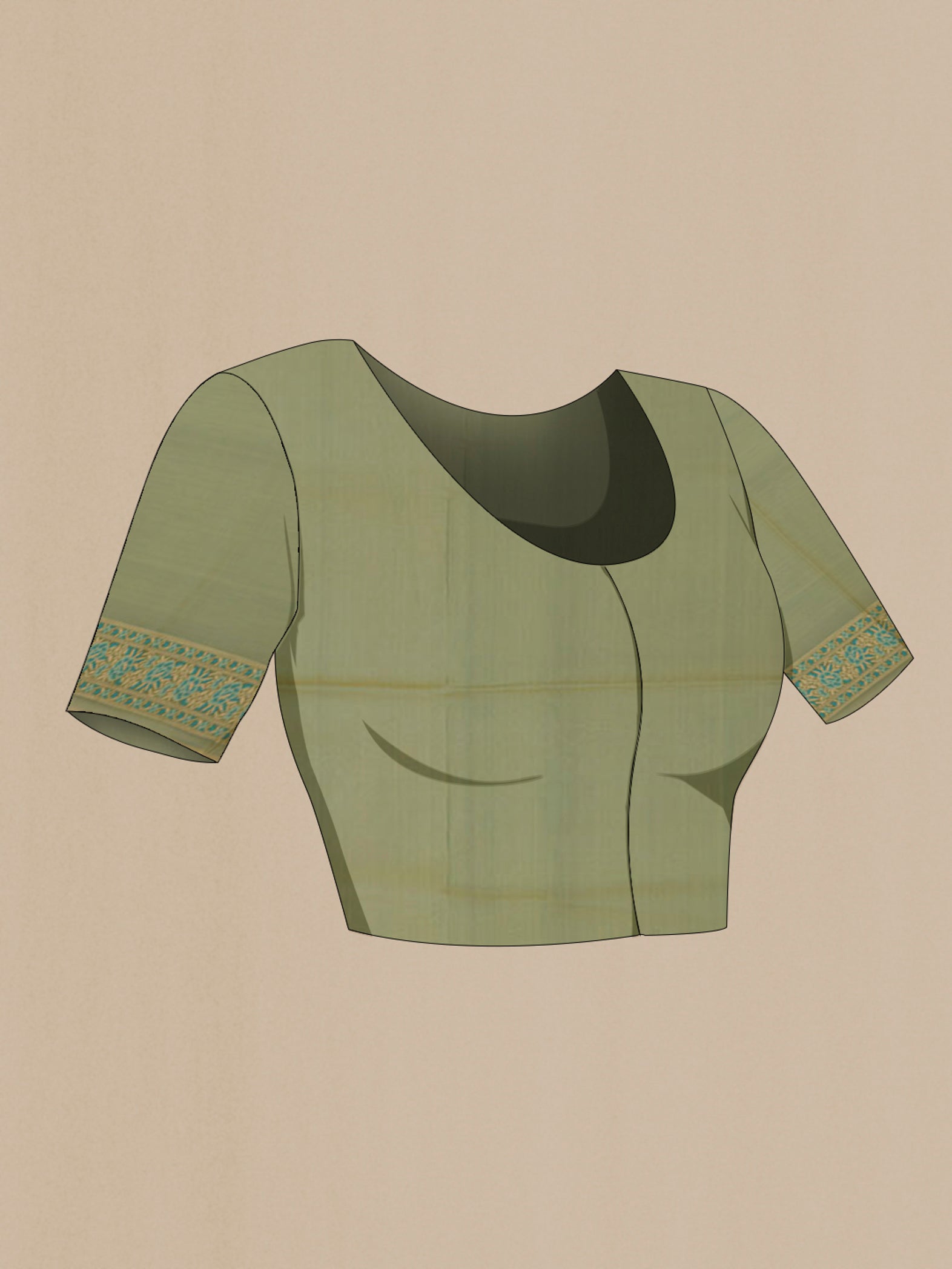Close up image of the blouse of Olive Green Banarasi Silk Saree with Zari And Thread Butta on the body and Zari Border. 