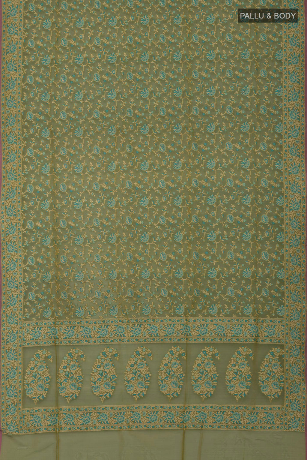 Flat view of Olive Green Banarasi Silk Saree with Zari And Thread Butta on the body and Zari Border. 
