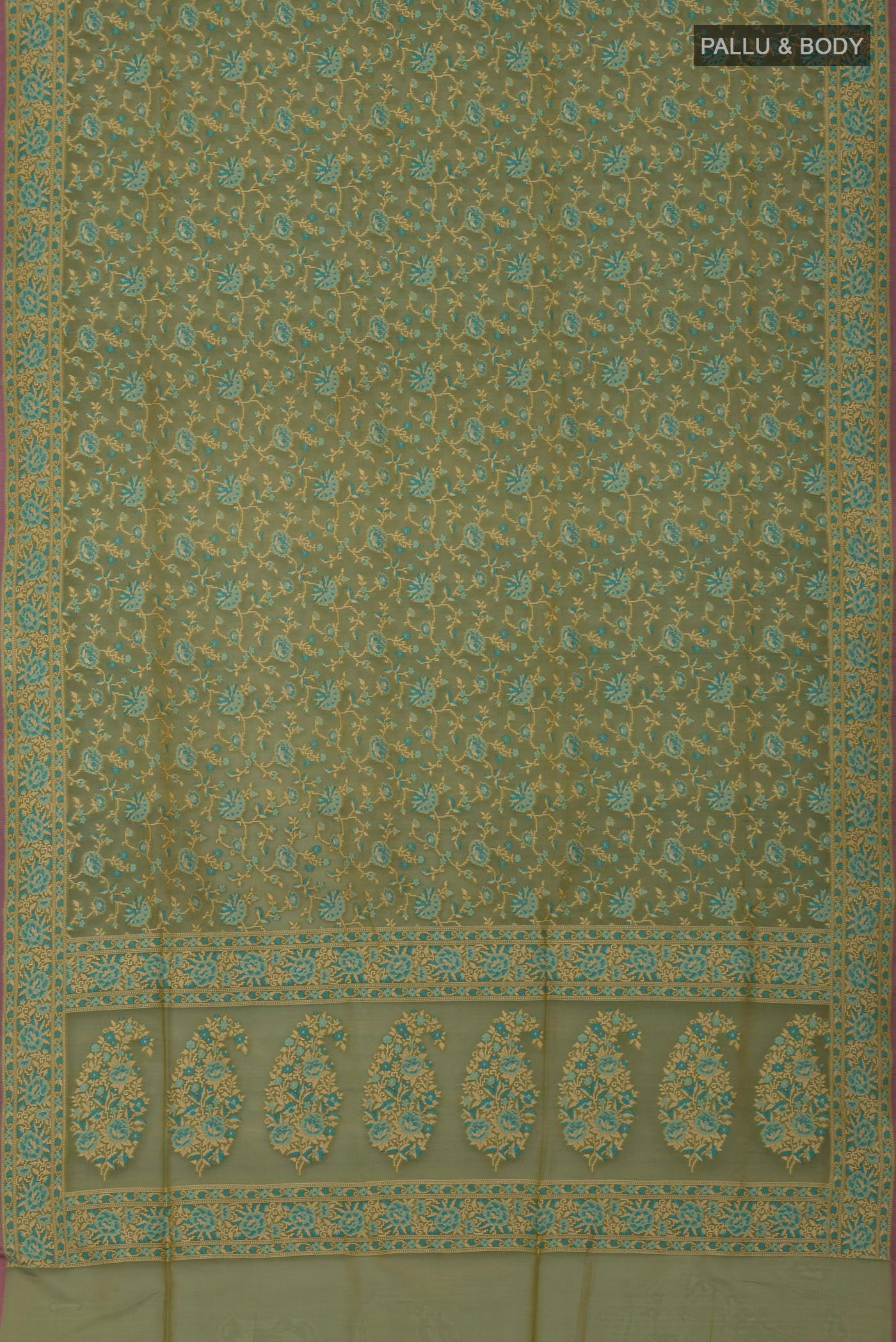 Flat view of Olive Green Banarasi Silk Saree with Zari And Thread Butta on the body and Zari Border. 