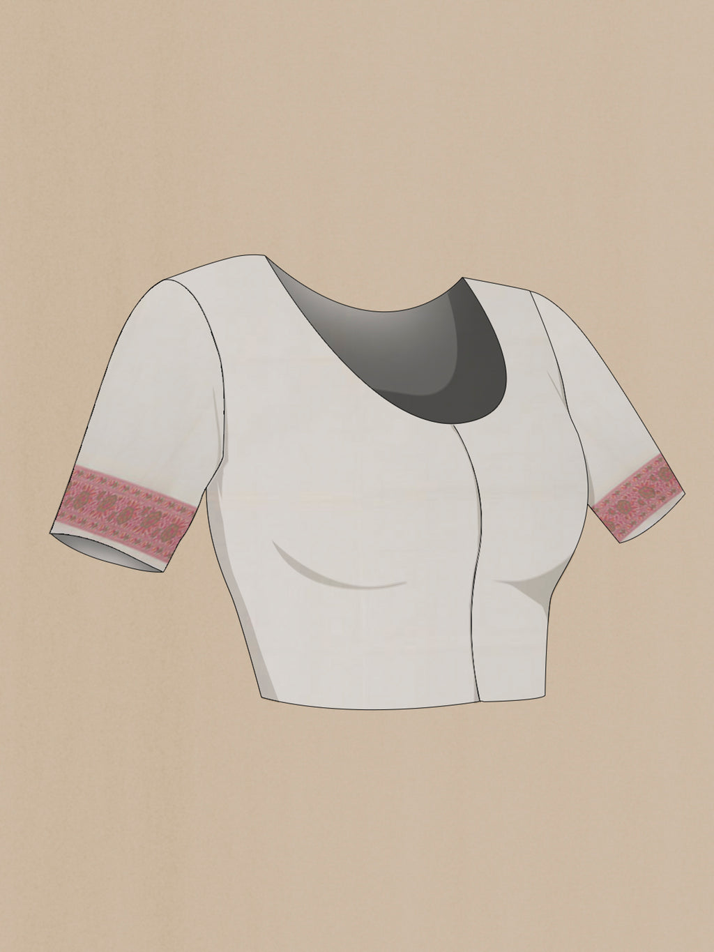 Close up image of the blouse of Off White Banarasi Saree with Thread Butta on the body and Thread Border. 