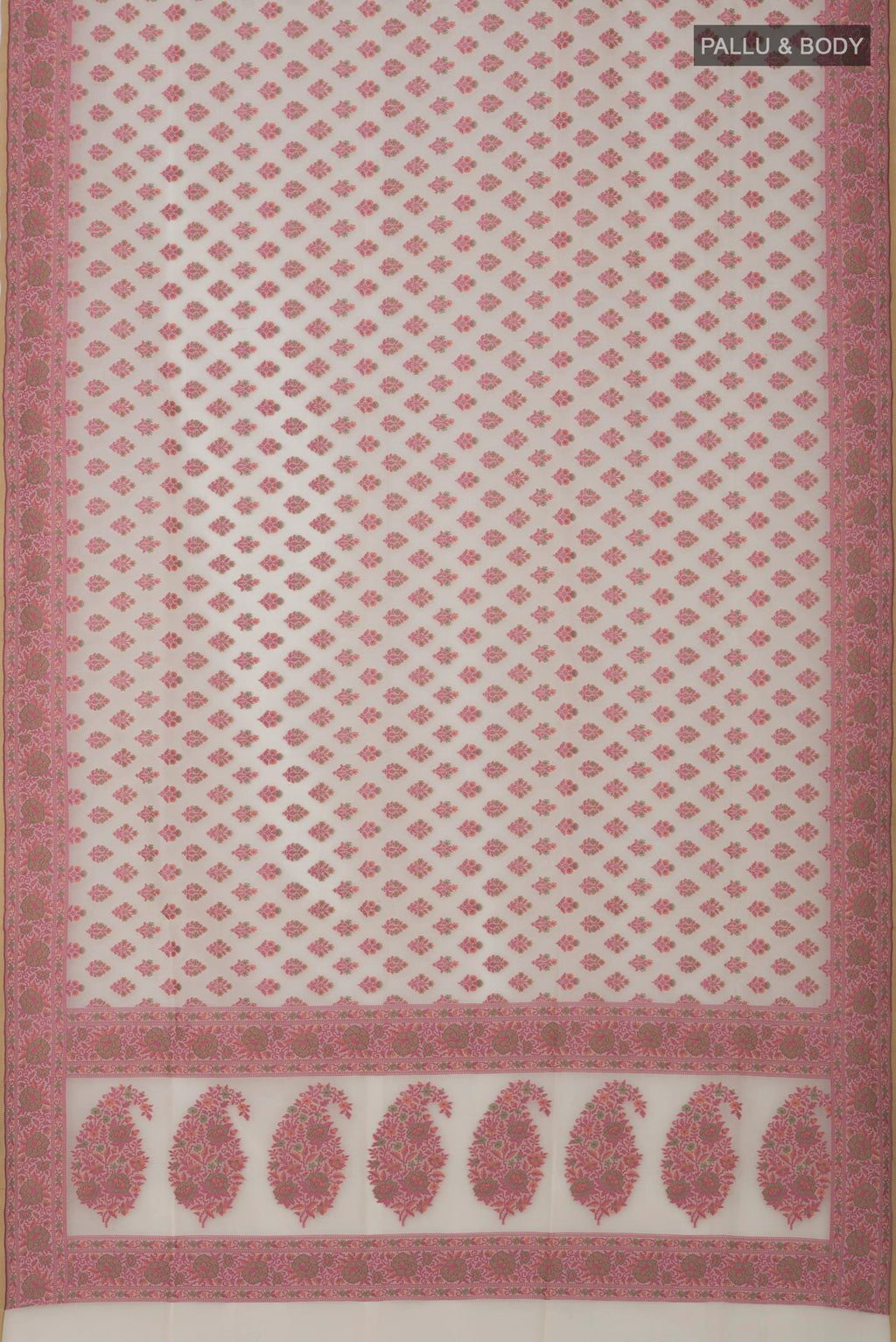 Flat view of Off White Banarasi Saree with Thread Butta on the body and Thread Border. 