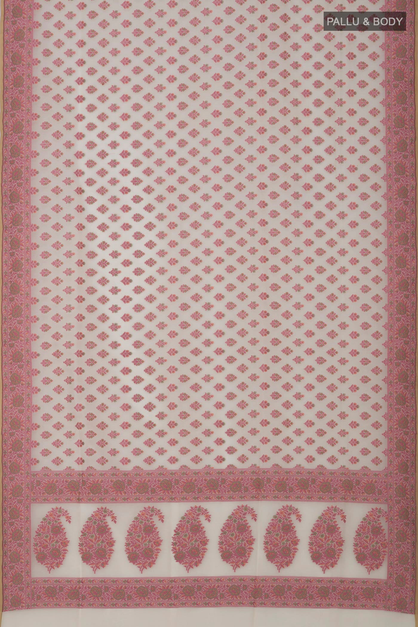 Flat view of Off White Banarasi Saree with Thread Butta on the body and Thread Border. 