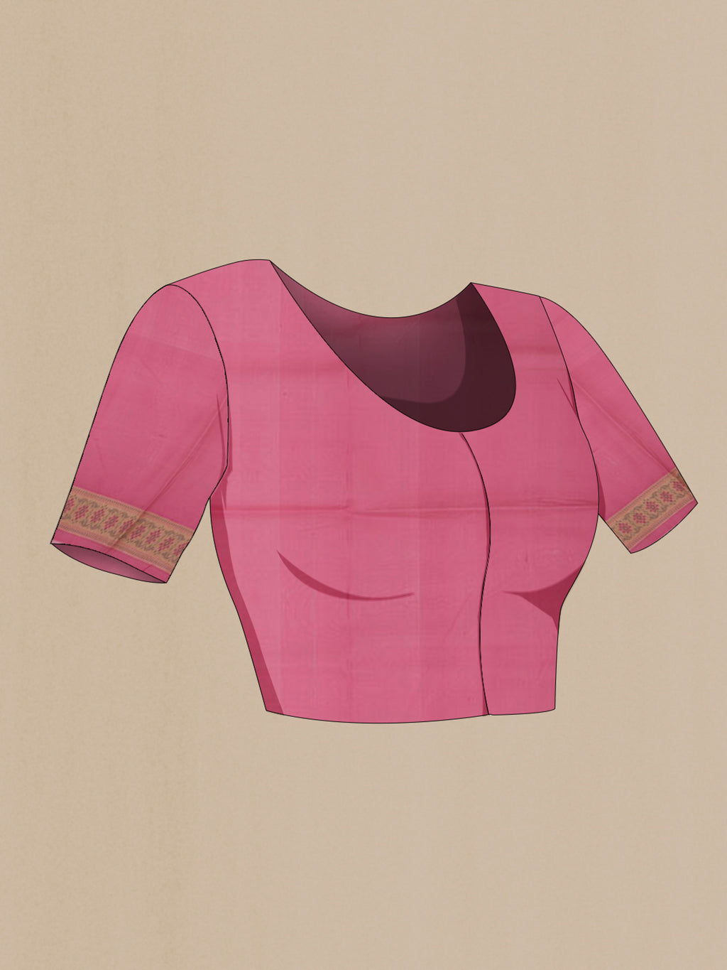 Close up image of the blouse of Pink Banarasi Silk Saree with Zari Butta on the body and Zari Border. 