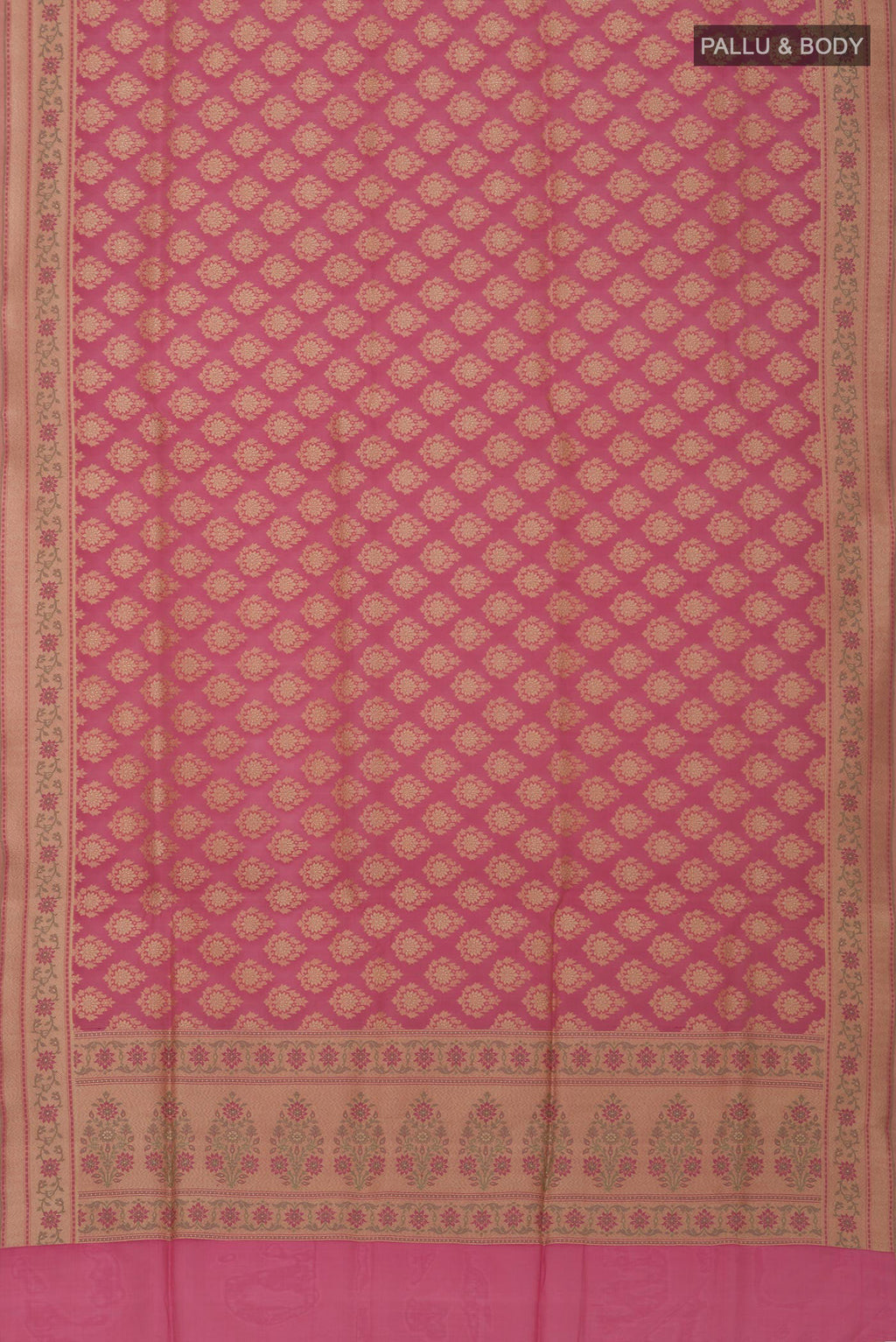 Flat view of Pink Banarasi Silk Saree with Zari Butta on the body and Zari Border. 