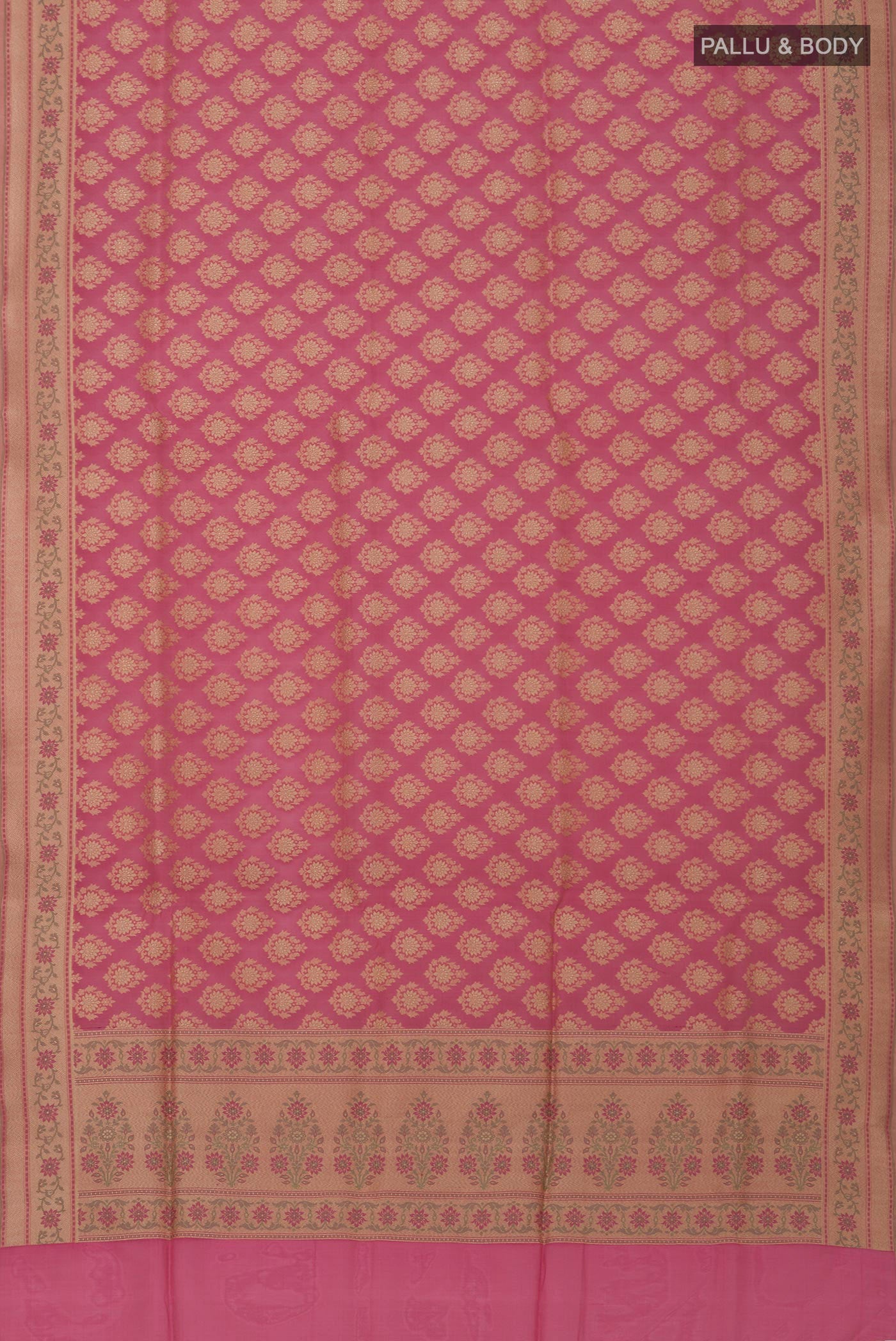 Flat view of Pink Banarasi Silk Saree with Zari Butta on the body and Zari Border. 