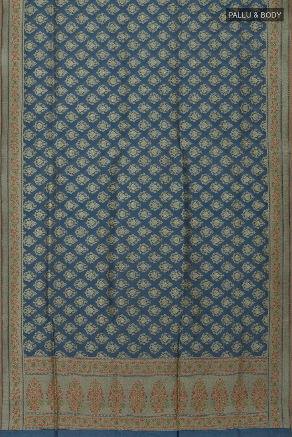 Flat view of Blue Banarasi Saree with Fancy on the body and Fancy Border. 