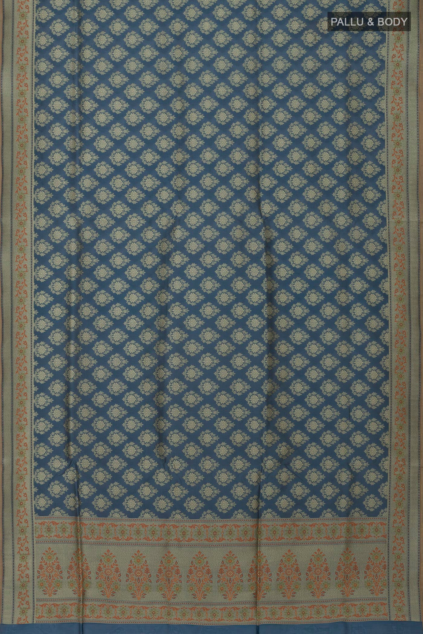 Flat view of Blue Banarasi Saree with Fancy on the body and Fancy Border. 