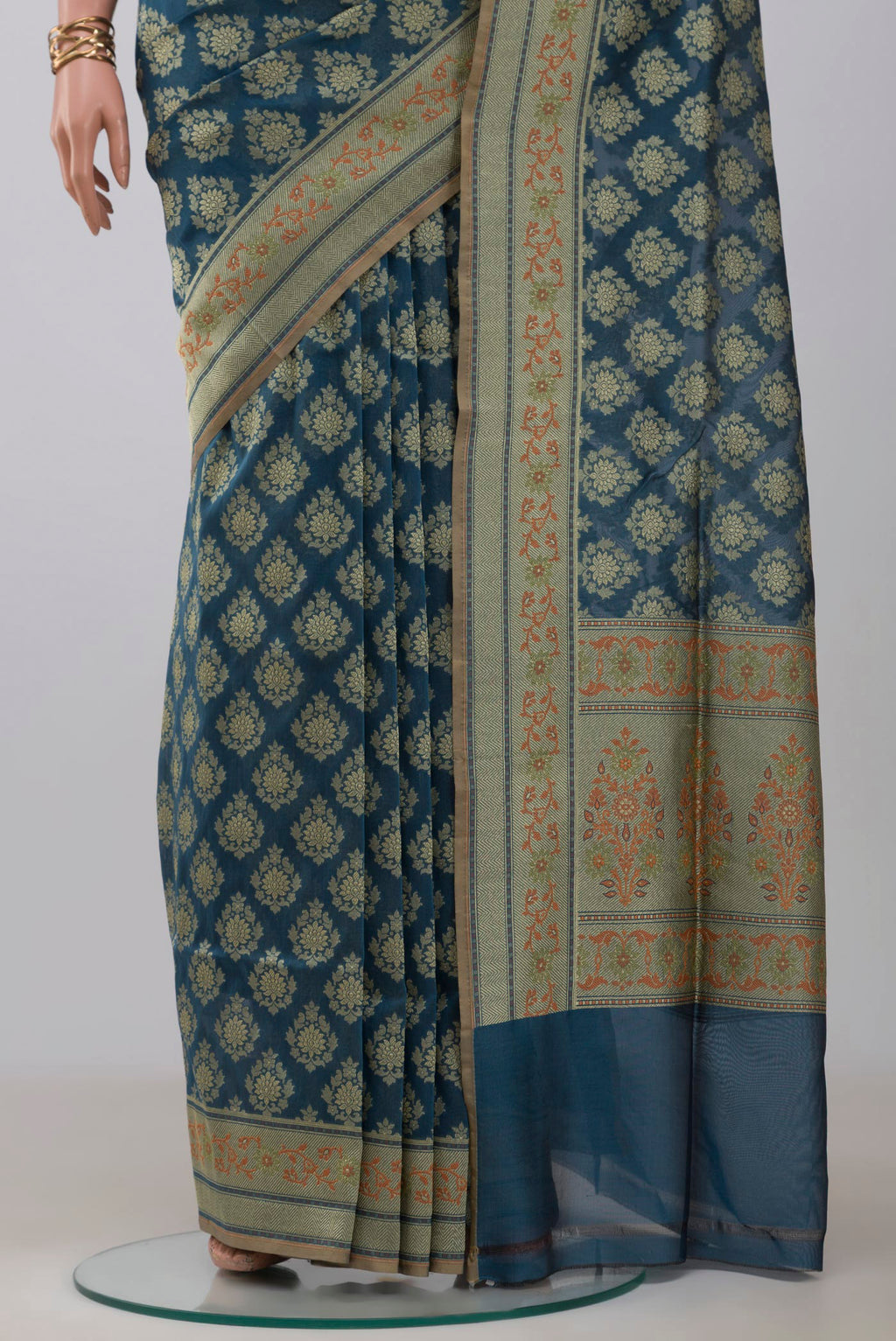 Pleats and pallu of Blue Banarasi Saree with Fancy on the body and Fancy Border. 