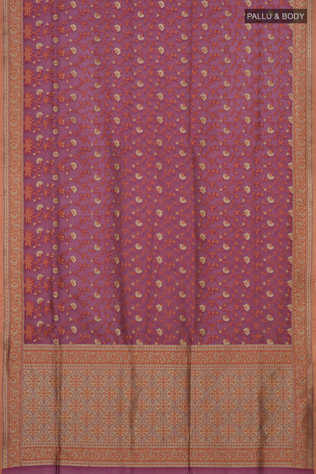 Flat view of Mauve Banarasi Silk Saree with Zari And Thread Butta on the body and Zari Border. 