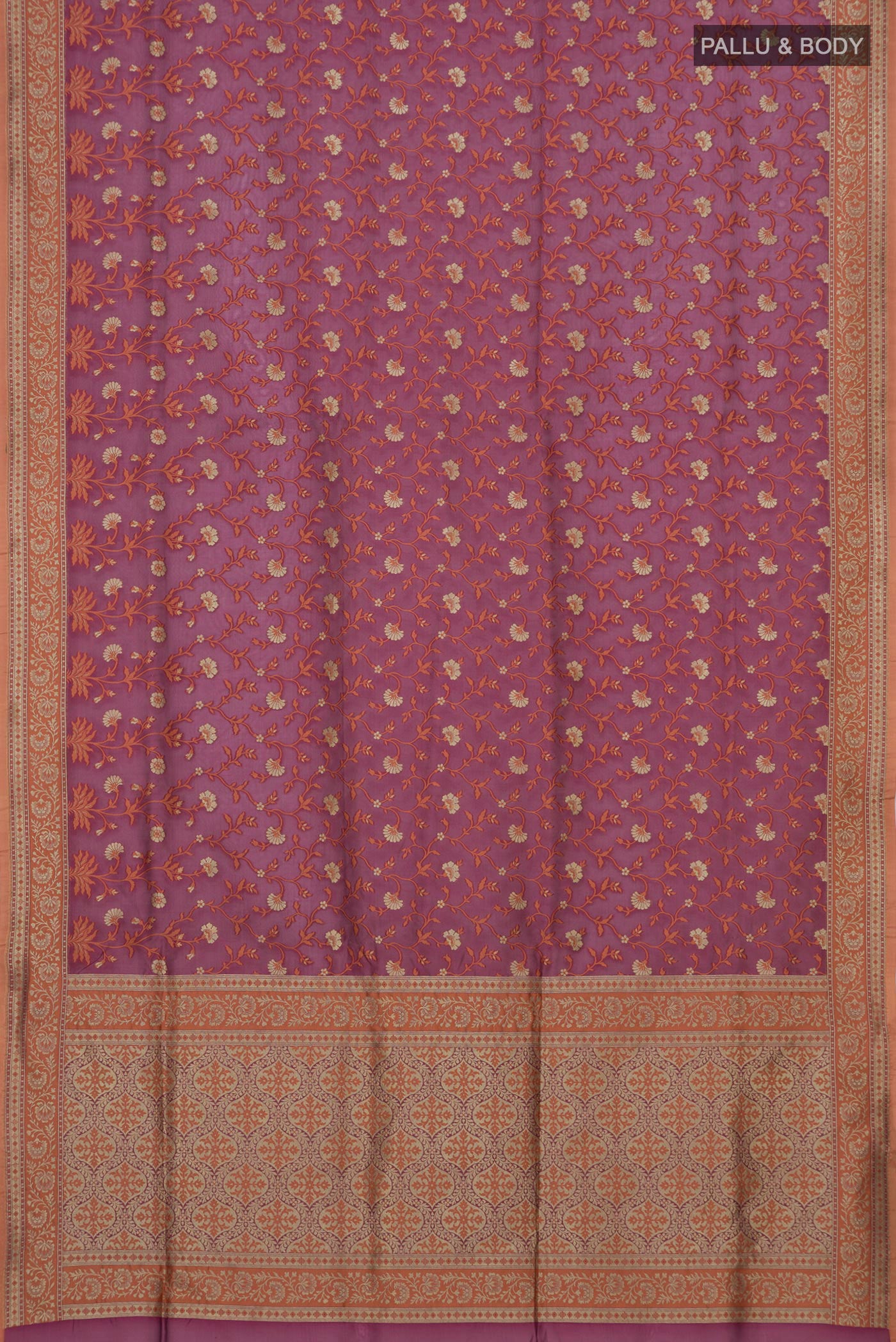 Flat view of Mauve Banarasi Silk Saree with Zari And Thread Butta on the body and Zari Border. 